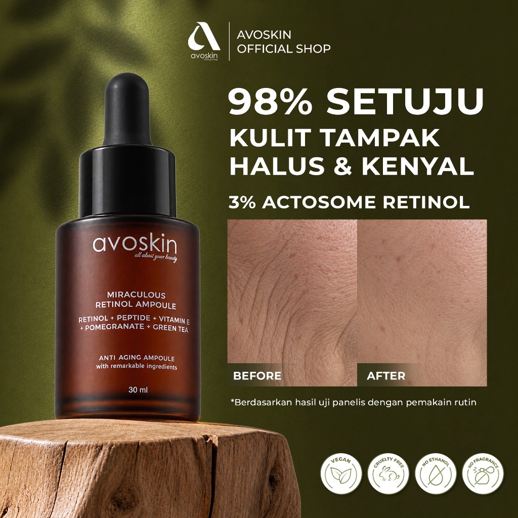 AVOSKIN - Miraculous Retinol Ampoule 30ml | 3% Actosome Retinol, Peptide, Vitamin E, Pomegranate & Green Tea Extract | Targeted Anti-Wrinkle Treatment | Untuk Tanda Penuaan & Tekstur Tidak Merata | Peptide + Antioxidant Support | Firm & Smooth Finish