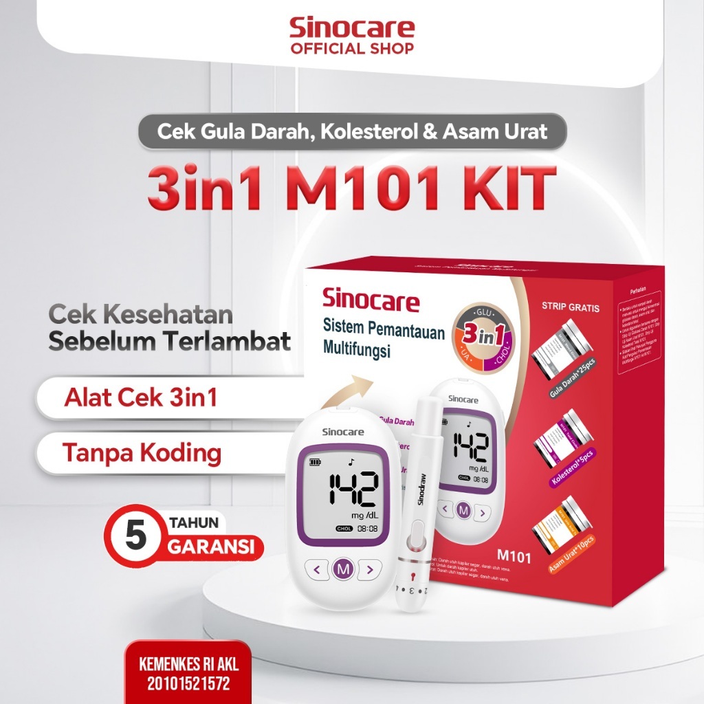No Coding Sinocare M101–GCU Alat Cek 3in1 Gula Darah, Kolesterol & Asam Urat Tanpa Koding