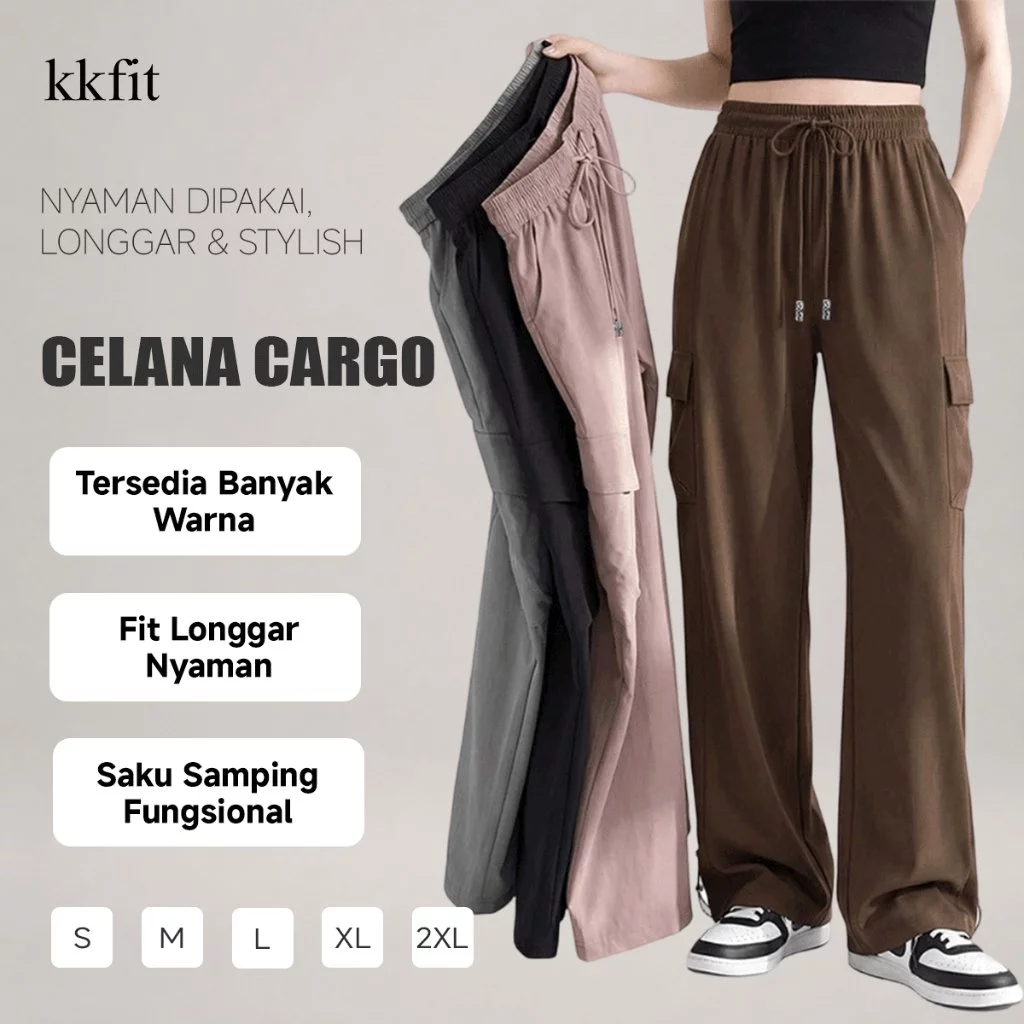KKFIT Celana Cargo Wanita High Waist Loose Fit Korean Style, Banyak Kantong, Nyaman untuk Daily Outfit (CargoPants002)