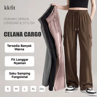 KKFIT Celana Cargo Wanita High Waist Loose Fit Korean Style, Banyak Kantong, Nyaman untuk Daily Outfit (CargoPants002)