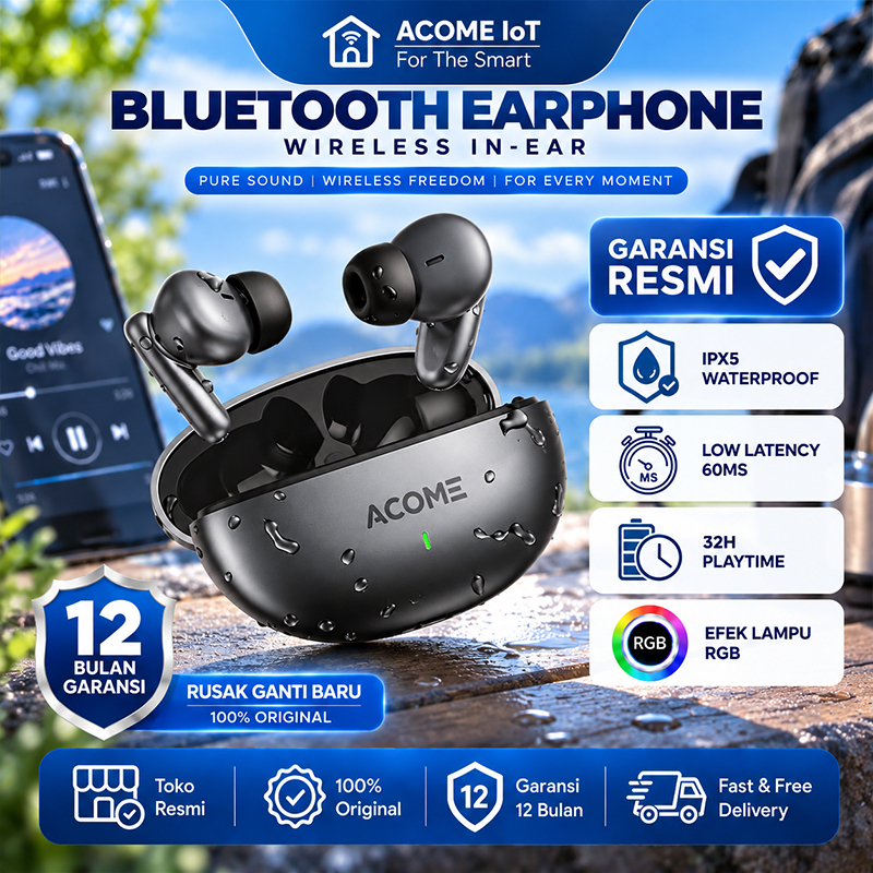 ACOME Tws Gaming Headset Wireless Earphone Bluetooth 5.3 Anti Delay Low Latency 60 Ms Original T8 - Garansi 1 Tahun