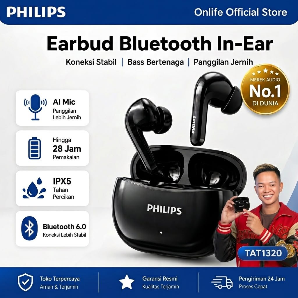 Philips TWS True Wireless Earphone Bluetooth 6.0 Sport True Wireless With Philips Sound Signature & Clear Calls - TAT1320