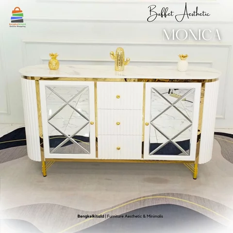 Meja Buffet TV Monica Aesthetic Mewah Kayu Solid List Stainless Gold Cat Duco - Bengkelkita.id
