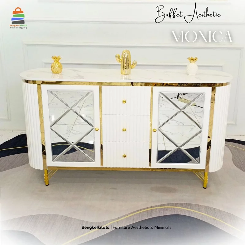 Meja Buffet TV Monica Aesthetic Mewah Kayu Solid List Stainless Gold Cat Duco - Bengkelkita.id