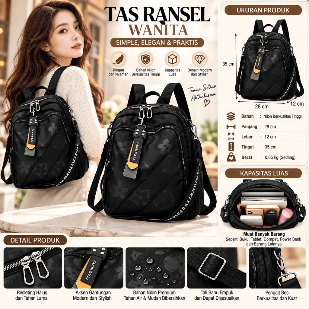 Jual BK 2371 Tas Ransel Wanita Nilon Emboss Premium 3in1 Multifungsi ...