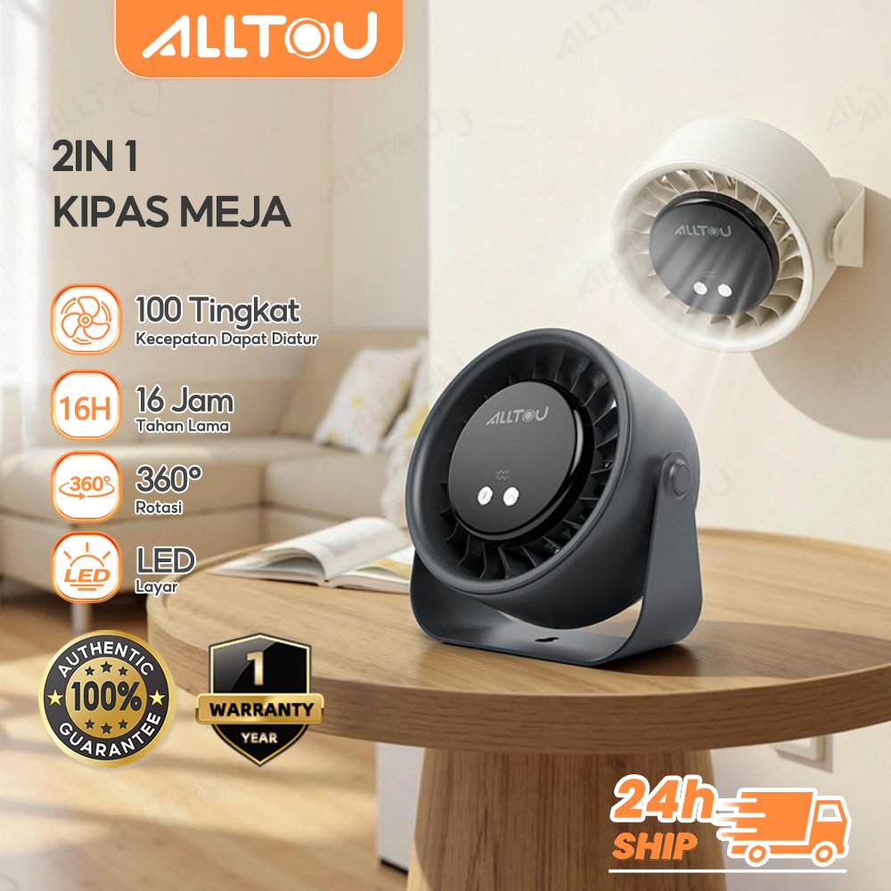 ALLTOU Mini Kipas Meja 2 IN 1 Mini Portable 100 Kecepatan Turbo Kipas Meja Table Clip Wall Hanging Daya Tahan Baterai 16 Jam