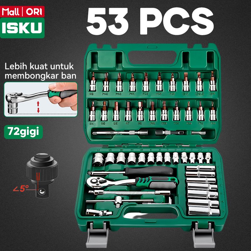 ISKU Kunci Sok Set 53 37 82 Pcs Lengkap Tool Kit Gagang Ratchet 1/2 1/4 Inci Baja CR-V Kunci Ring Pas Kombinasi Mata Sok Pendek Panjang Deep Socket Kunci Busi Obeng Bit Kunci L Alat Bengkel Mobil Motor Otomotif Koper Box Perkakas Pilih Varian
