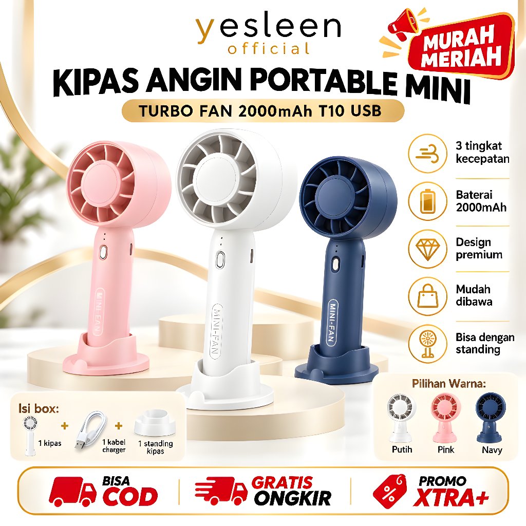 Kipas Angin Mini Portable T10 Turbo Fan 2000mAh USB Rechargeable 3 Speed Genggam Meja -yesleen.official