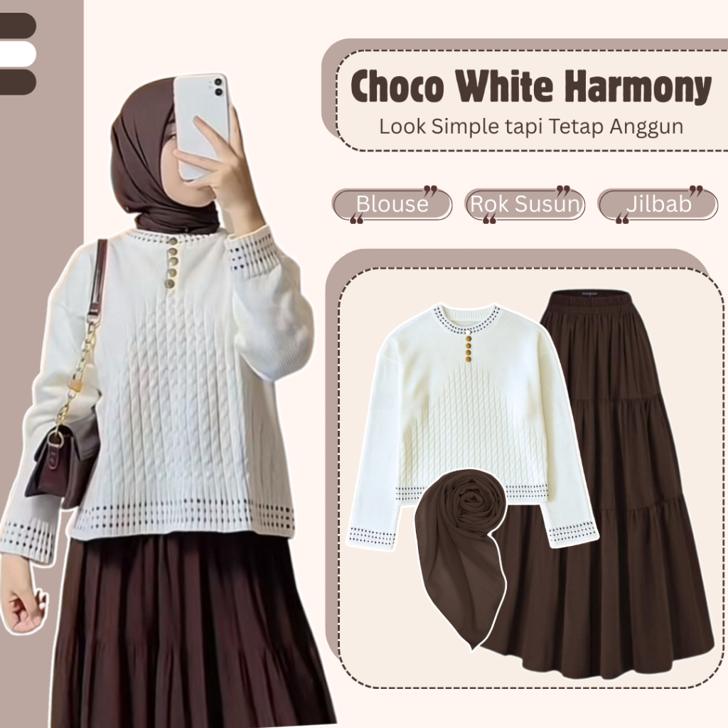 Jual Setelan Outfit Coklat Mahogany ( Rok Susun - Blouse Rajut - Jilbab ...