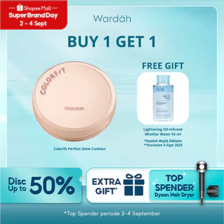 [SUPER BRAND DAY] WARDAH Colorfit Perfect Glow Cushion FREE Lightening Oil-Infused Micellar Water 55 ml - Medium-High Coverage Hingga 12 Jam Dengan SPF 40 PA - Hasil Akhir Glowing Miskah - Makeup - Tahan Lama dengan Bedak