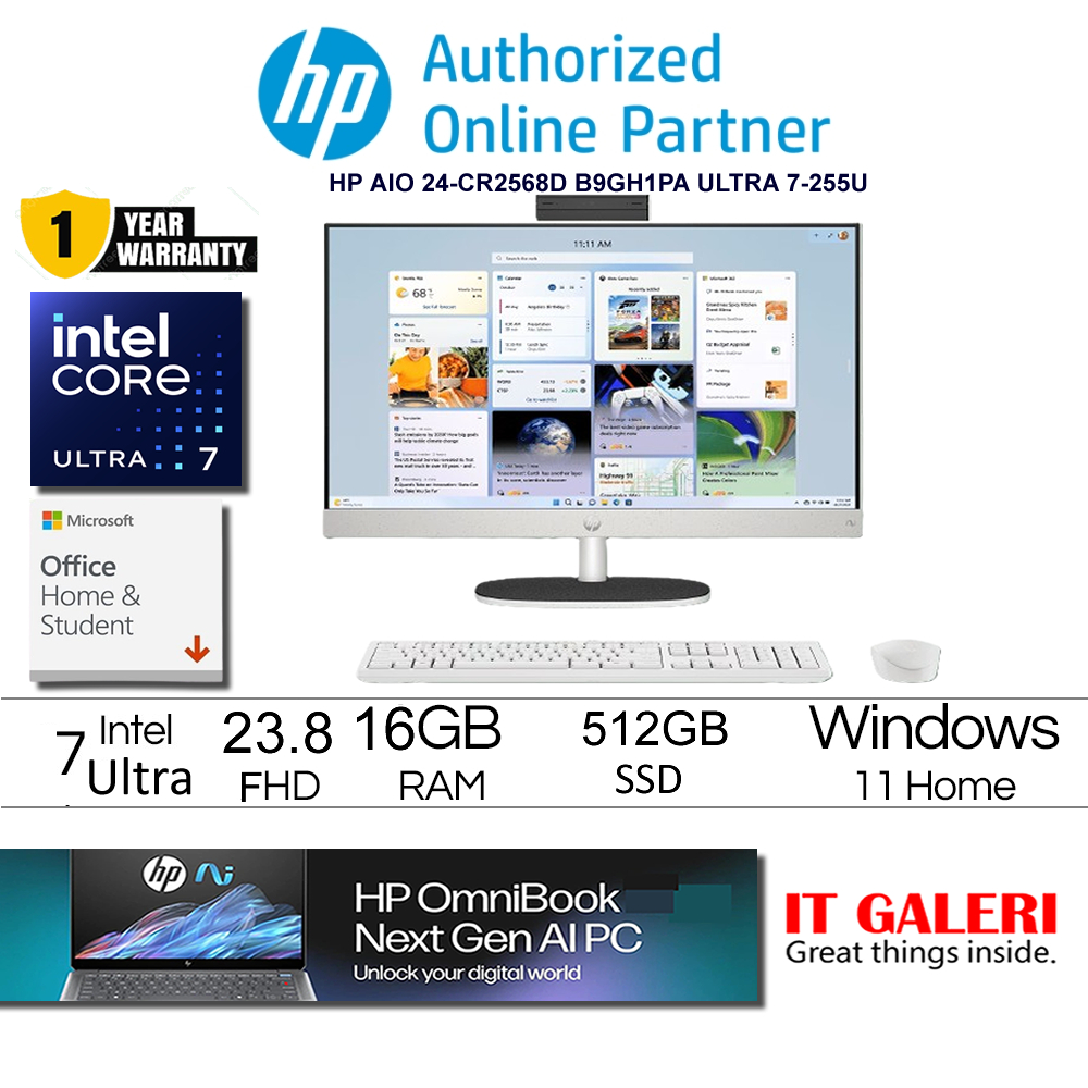 HP All-in-One Desktop AI 24 cr2568d cr2569d PC - INTEL CORE ULTRA 7-255U/2X8GB/512GB/23.8 FHD/WIN11+OHS2024+M365/WHITE