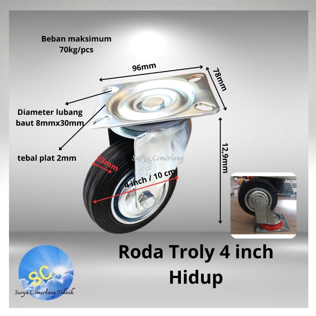 Jual Roda Troly Trolley karet hidup 4 inch roda trolley etalase caster ...