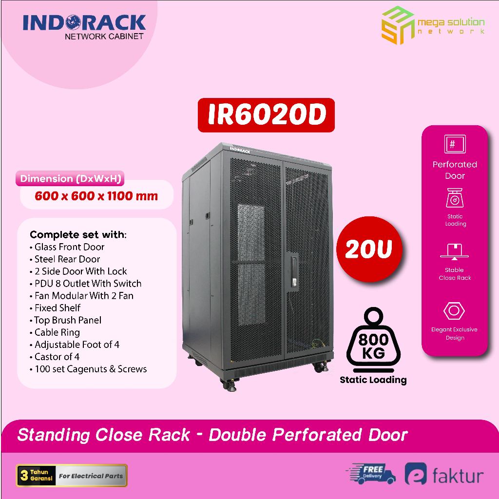 Jual Close Rack Indorack IR6020D 20U Depth 600mm Double Perforated Door ...