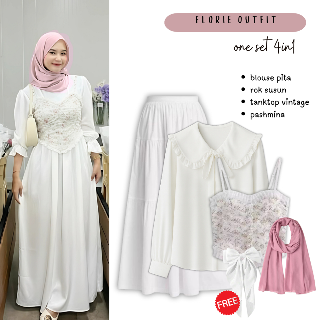 Jual One Set Outfit Cottagecore | Blouse Putih, Tanktop Vintage, Rok ...
