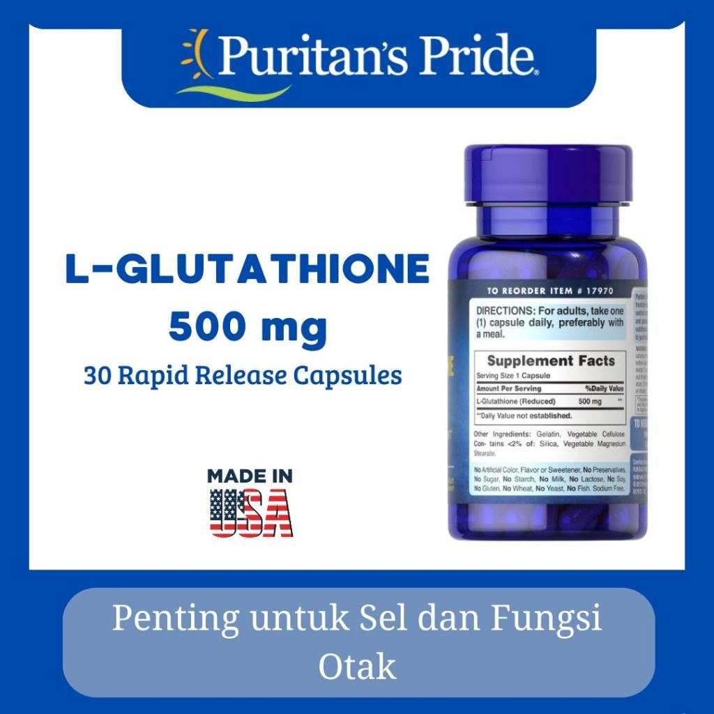 Jual Puritan's Pride L-Glutathione 500 mg (30 Capsules) untuk Mengurangi Stres Oksidatif dan Mencerahkan Kulit