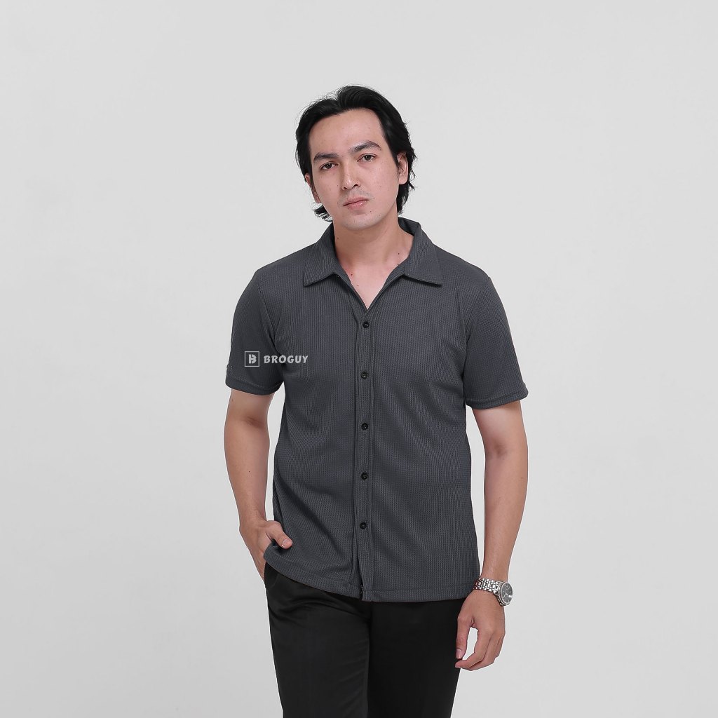 Jual BROGUY Kemeja Pria Casual Lengan Pendek Waffle Knit Slimfit