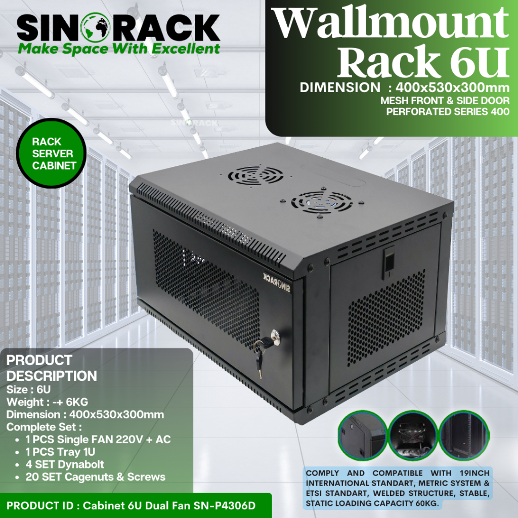 Jual Wallmount Rack Server 6U SINORACK Perforated Mess Door Rack Server ...