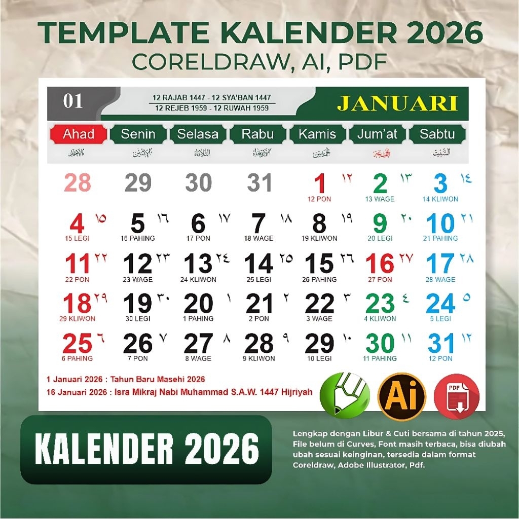 Jual Template Kalender 2026 Format CDR - AI - PDF | Lengkap Jawa ...