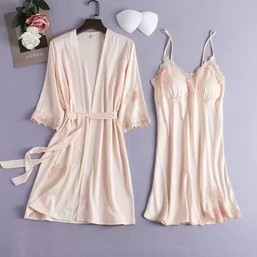 Baju Tidur Kimono Satin Renda Wanita Sexy Polos Piyama Kimono Modis 2 In 1