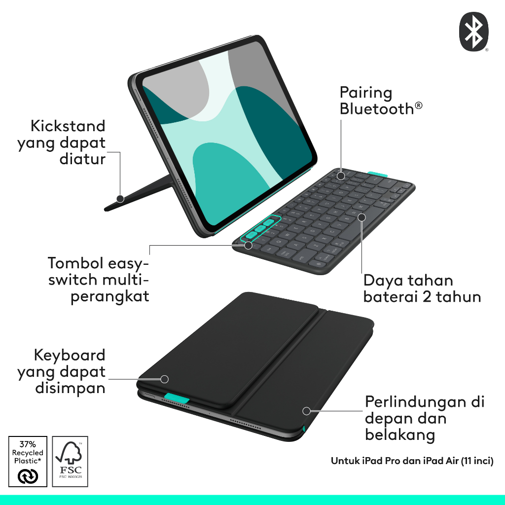 Logitech Flip Folio, Casing Keyboard untuk iPad Pro 11 inci (M4 & M5), iPad Air 11 inci (M2, M3 & M4), iPad Air (5th gen) – Casing Keyboard Bluetooth  (8)