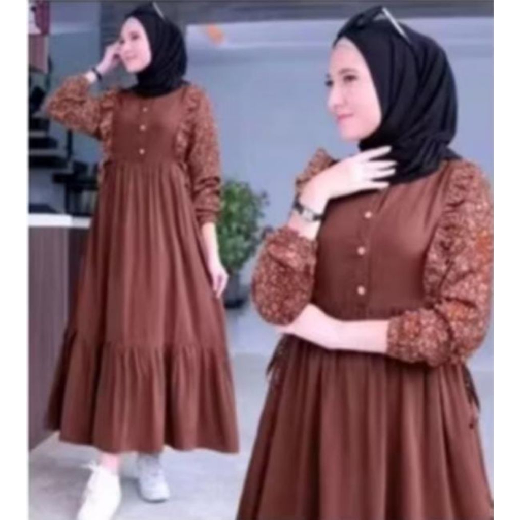 Gamis Flora kombinasi crincle air flow mix rayon motif bunga S,M,L,XL, XXL