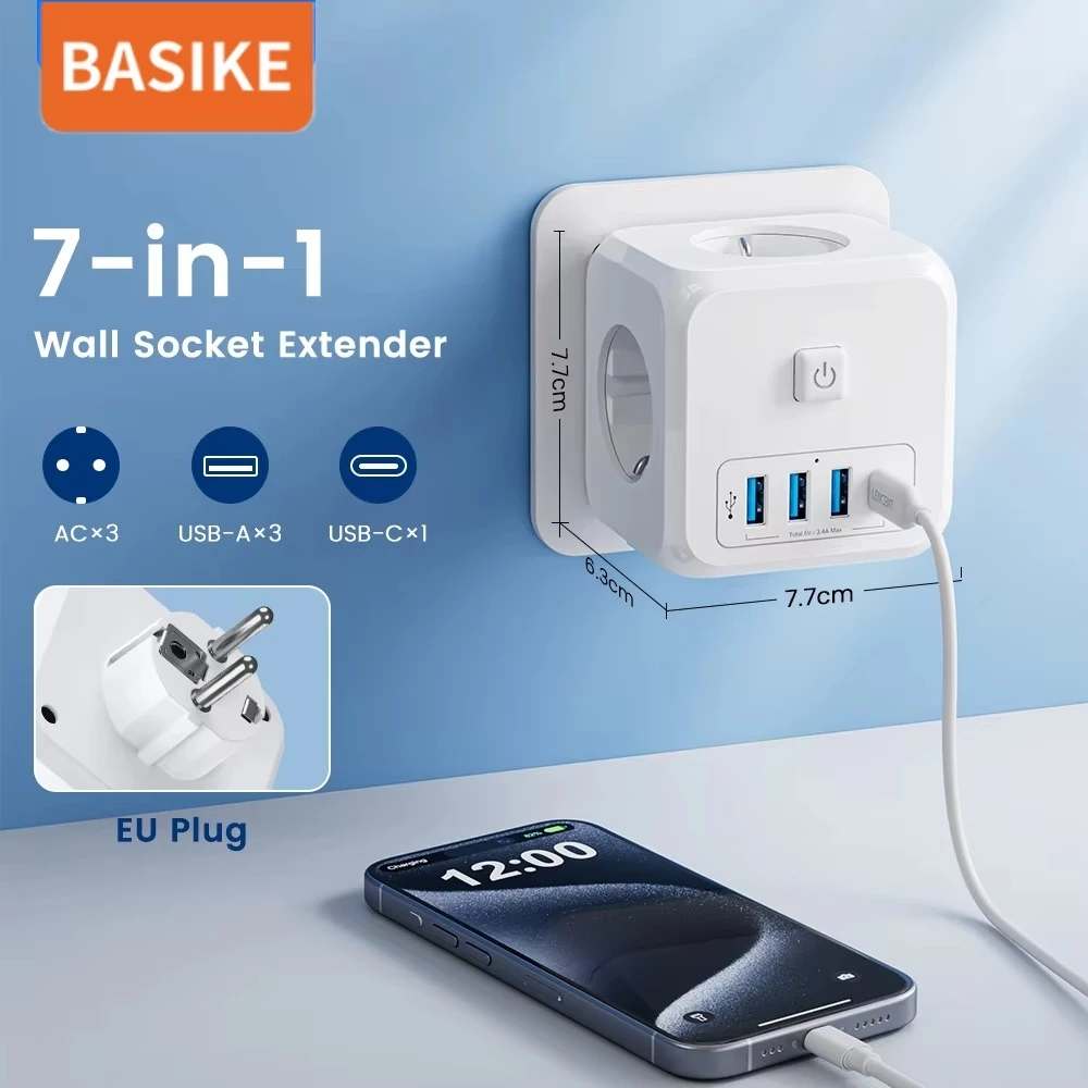 (HOT)BASIKE Stop Kontak 3 Lubang Saklar On Off Aesthetic Sambungan Kabel 7 in 1 Multifungsi mini - foto 1
