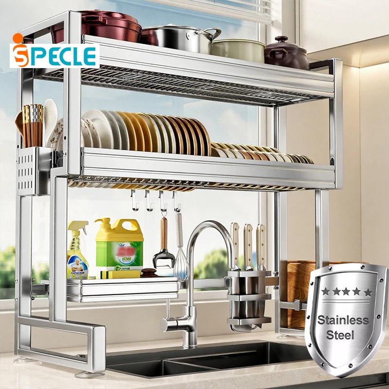 iSPECLE 1/2 Susun Rak Piring Wastafel Stainless Steel 65-95cm Rak Mangkuk Piring Rak Dapur