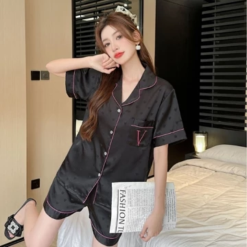 YKL Baju Tidur Wanita Satin Adem Lembut Piyama Setelan Set Cewek Warna Black Pink