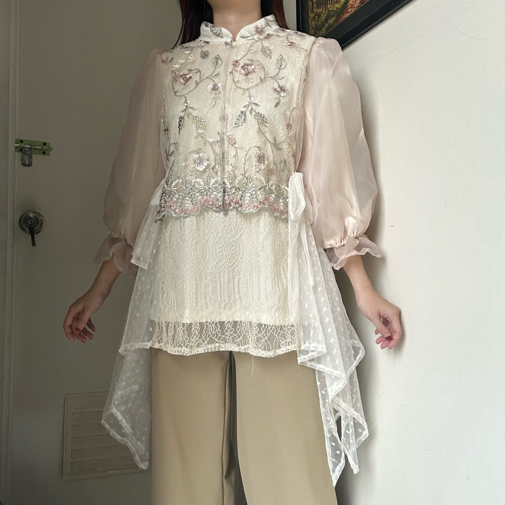 Jual Quina Top Atasan Blouse Kemeja Wanita Tulle Bordir Brokat Renda 