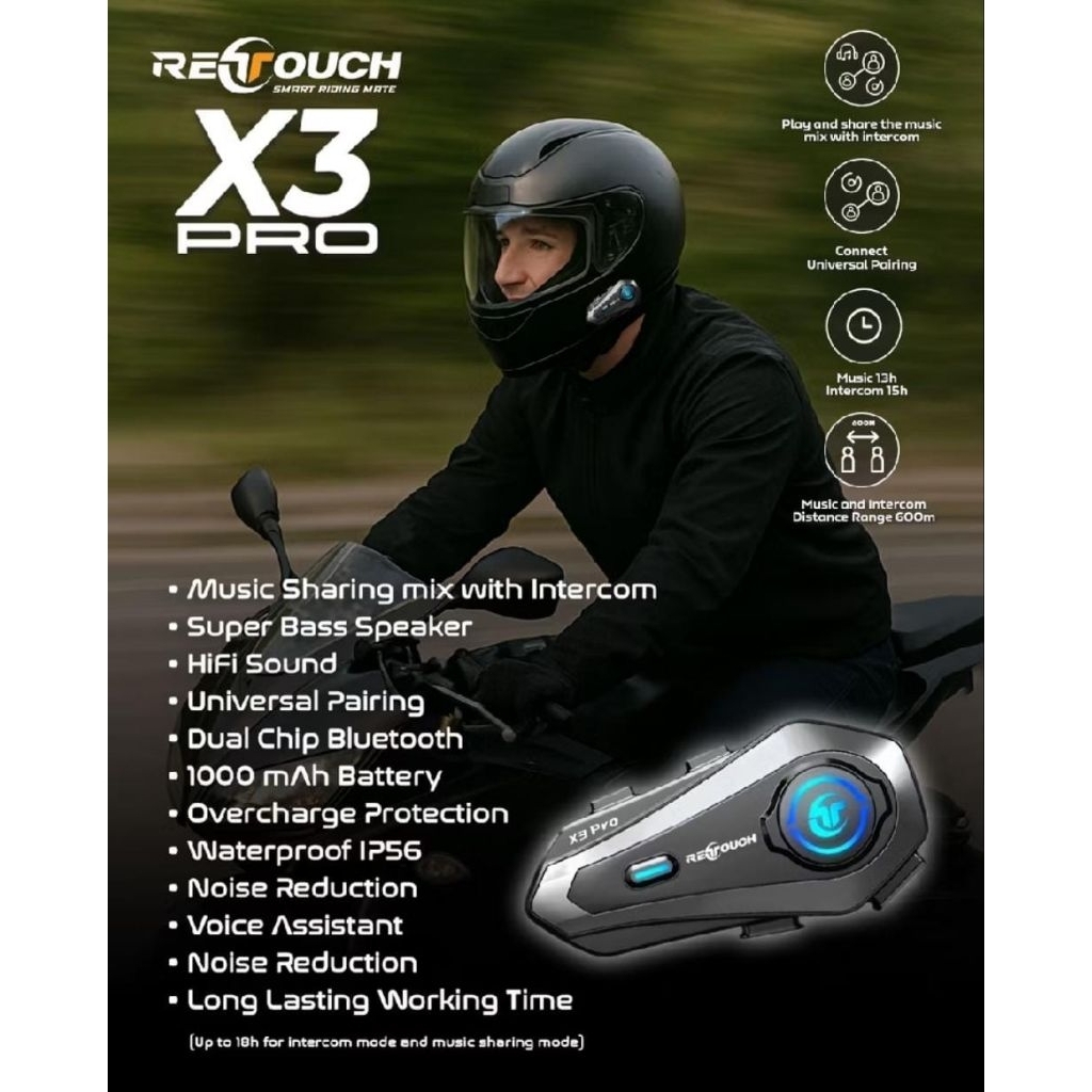 Jual RETOUCH X3 PRO Intercom Bluetooth Helmet | Call | Music Sharing ...
