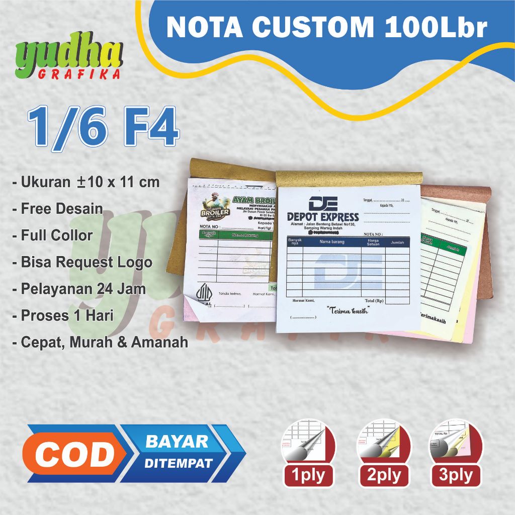 Jual Nota custom 1/6 isi 100 gratis dsain ukuran 10x11 nota standar bon ...