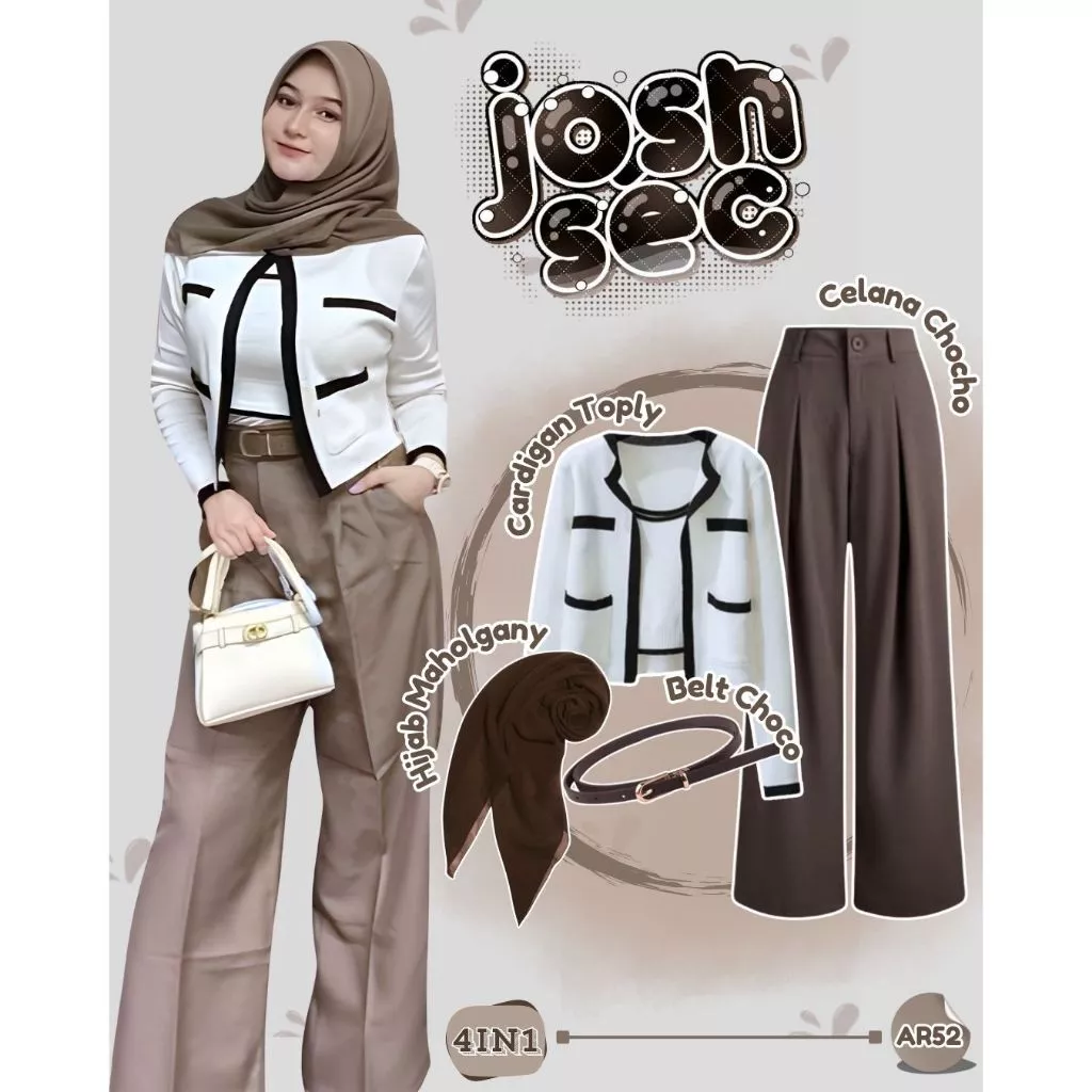 Setelan Wanita Elegan 4in1 Cardigan + Celana + Belt + Hijab Outfit Kerja Kuliah OOTD Kekinian Classy AR52