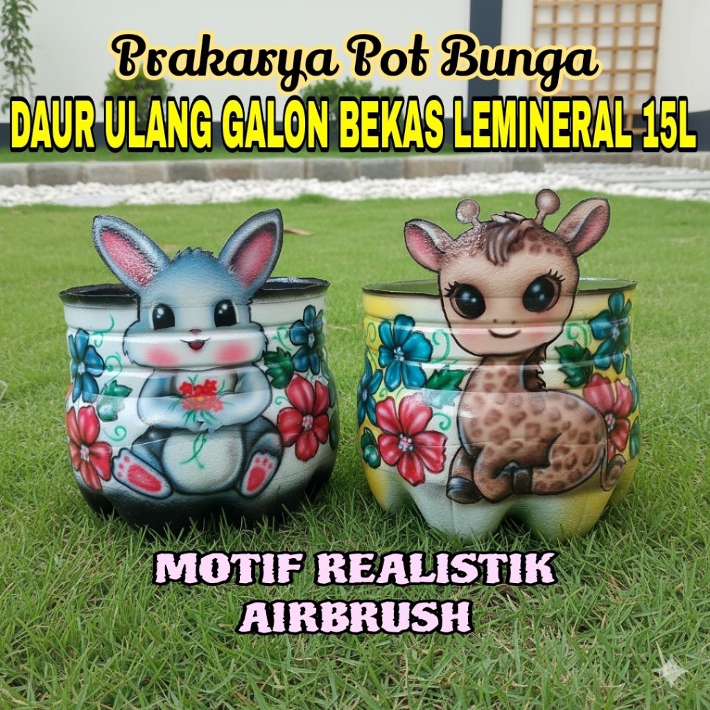 Kerajinan Galon Bekas Le Mineral 15L - Jadi Pot Bunga Karakter 3D Airbrush Realistik - Hasilnya Lux dan Keren - Bukan DIY Biasa