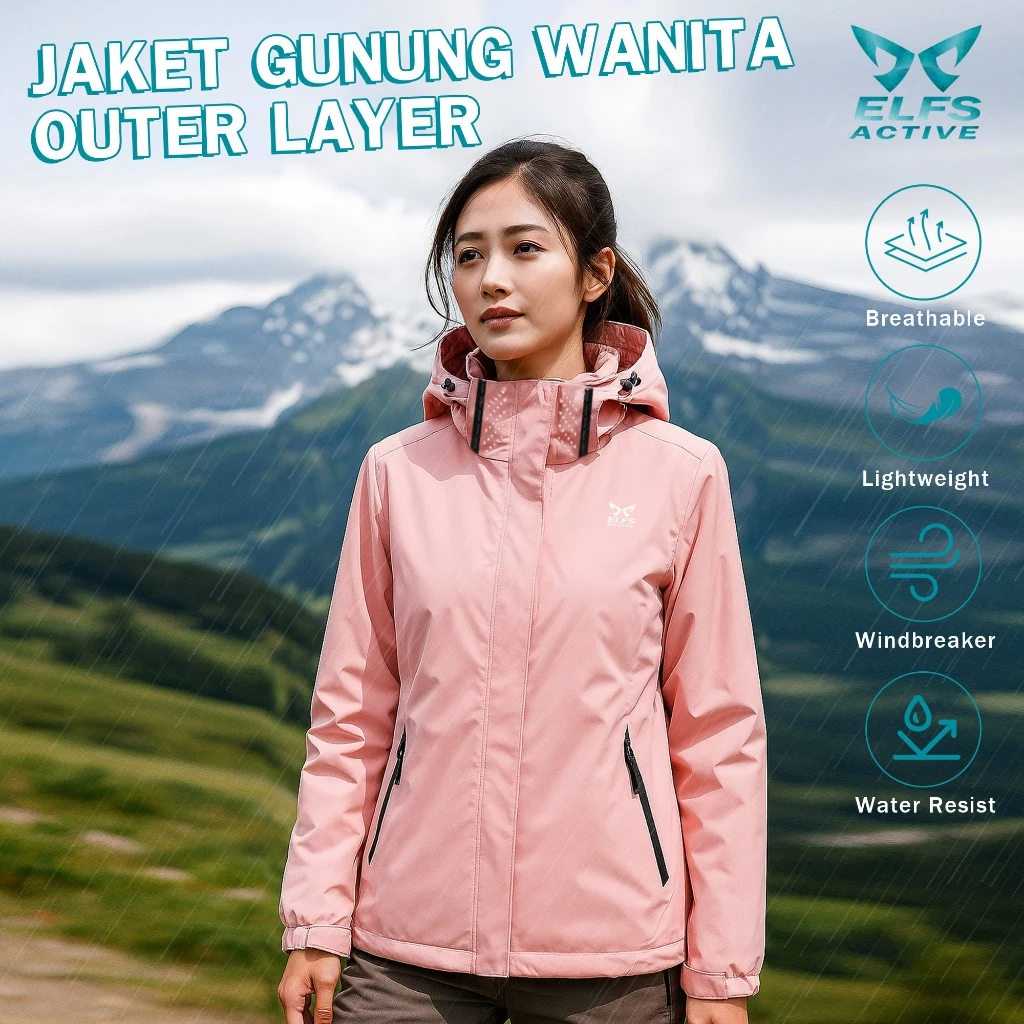 Elfs Active Jaket Gunung Wanita Outer Layer Detachable Hood WaterResist Hiking UL