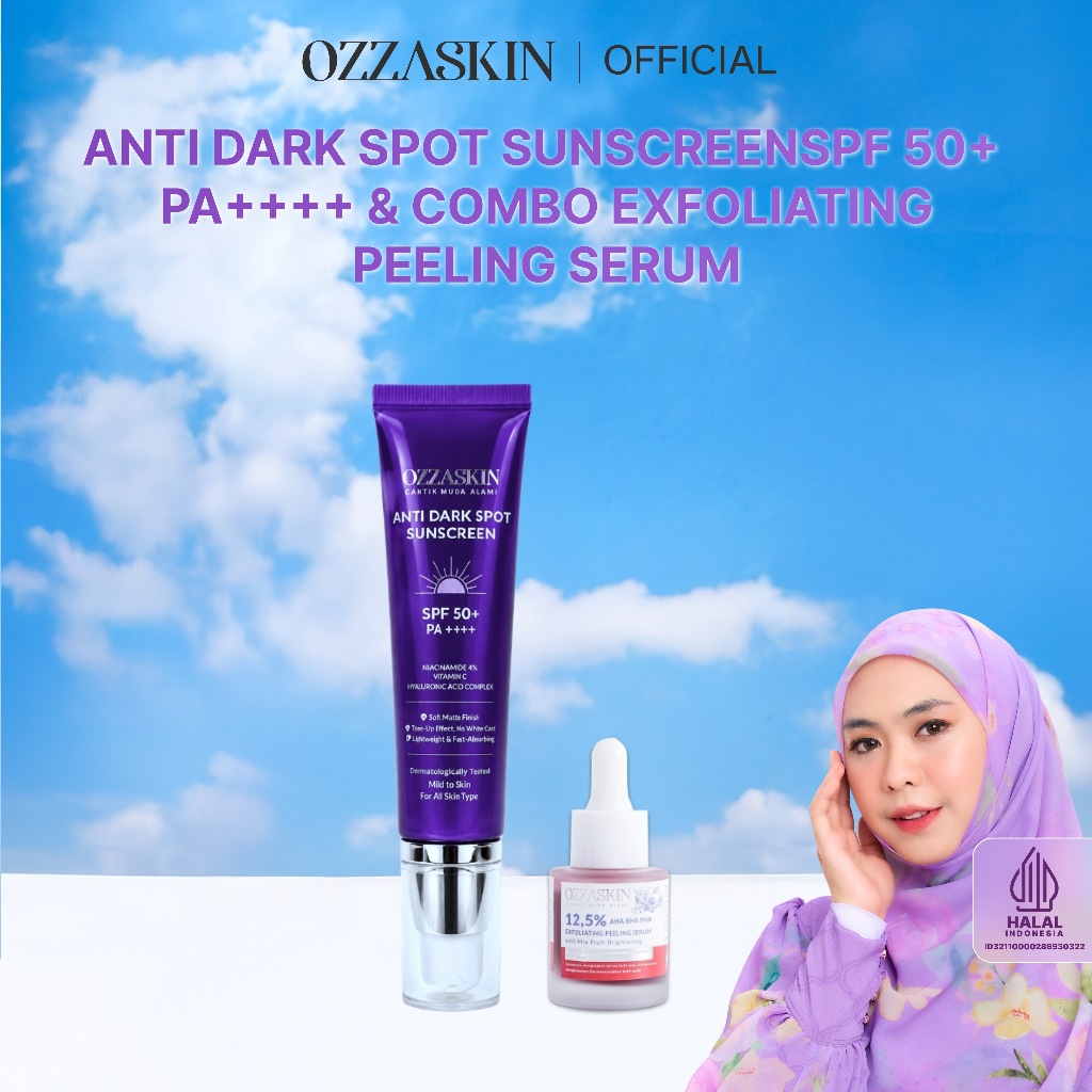 Ozzaskin Anti Dark Spot Brightening Treatment by Oki Setiana Dewi (Exfoliating Peeling Serum & Sunscreen SPF50+ PA++++) Membantu Eksfoliasi Kulit, Menyamarkan Noda Hitam, Mencerahkan, Menghaluskan & Melindungi dari Sinar UVA UVB