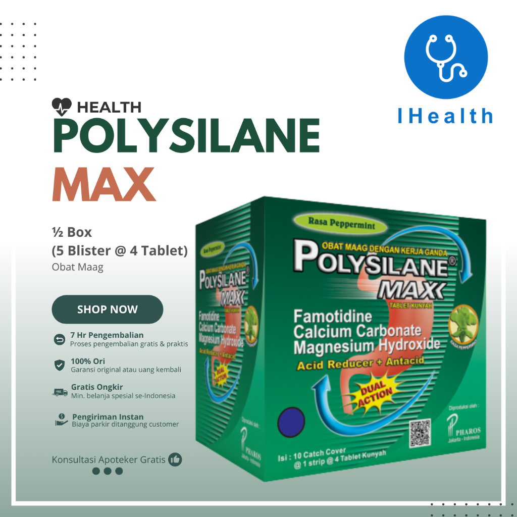 (1/2 Box) Polysilane Max Tablet 5 Strip @ 4 Tablet BUKAN PER BOX - Obat Maag / Sakit Maag / Asam Lambung / Kembung - 5 Strip