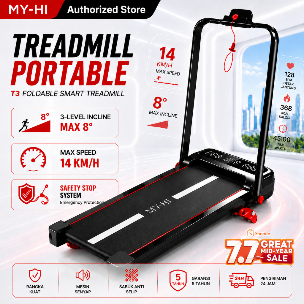 MY-HI T3 Treadmill Portable 1-14KM/Jam Incline 8° Elektrik Lipat Walking Pad Running Alat Olahraga
