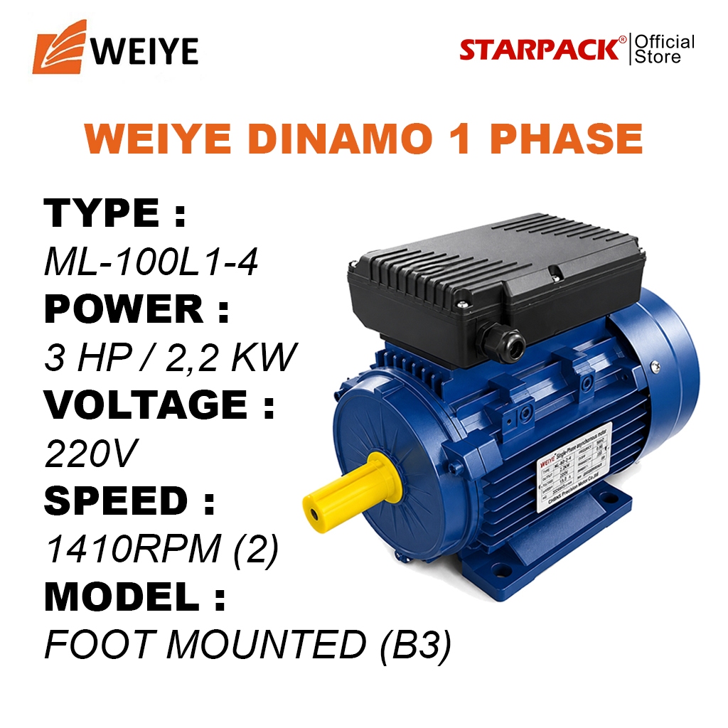 WEIYE Dinamo Listrik 3 HP / 2.2kW 1 Phase 1410RPM Electric Motor 4 Pole B3