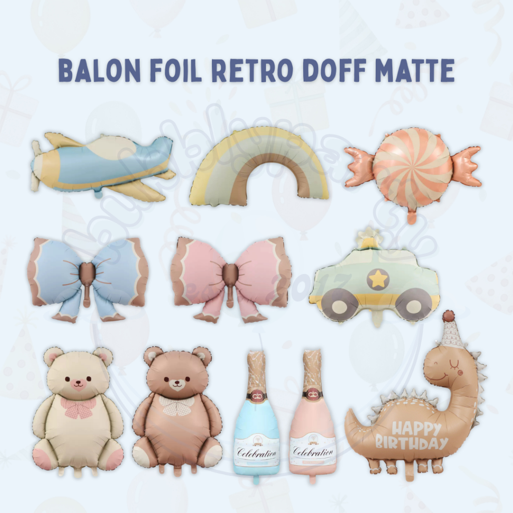Balon Foil Matte Ribbon Cartoon Vintage Beruang Rainbow Plane Baby Ulang Tahun
