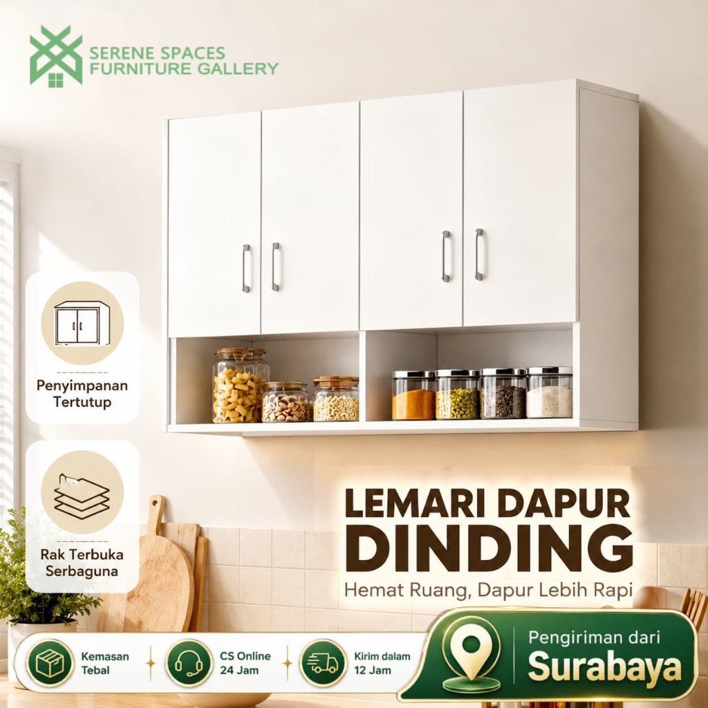 SERENE SPACES Lemari Dapur Dinding 4 Pintu Rak Gantung Dapur Rak Bumbu Kabinet Atas Kitchen Set Dapur Dinding