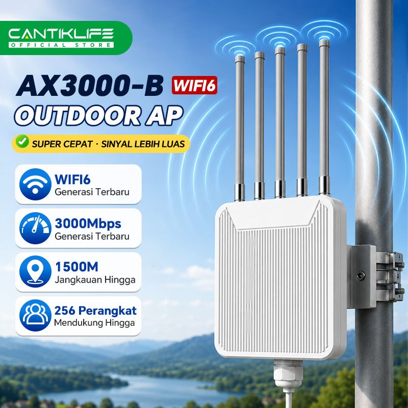Cantiklife AX3000-B WiFi 6 Outdoor Access Point 3000Mbps Dual Band PoE IP67 6 Antena High Gain untuk Sekolah Villa Gudang Perumahan Pabrik Perkebunan