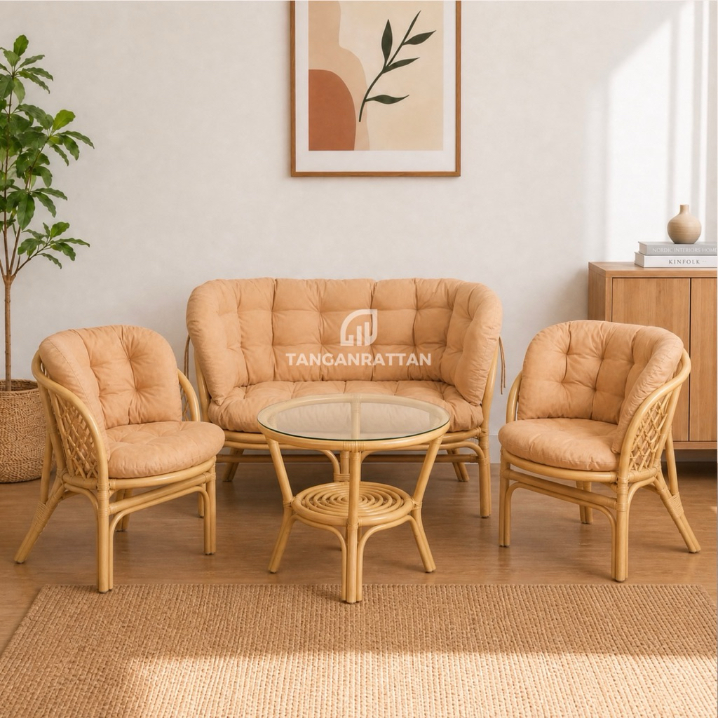 KURSI TAMU BAHAMA ROTAN DENGAN BANTAL DAN MEJA KACA 1 SET / KURSI TERAS TAMU ROTAN MINIMALIS