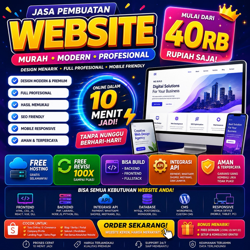 Jasa Pembuatan Website Murah Mulai 40RB | Landing Page, Company Profile, Toko Online, Fullstack & API