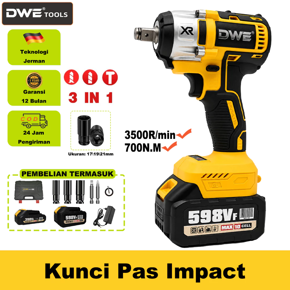 DWE New Cordless Impact Wrench Brushless 700N impact baterai wrench Mobil Mesin Bor Untuk Baut Garansi 1 Tahun - foto 1