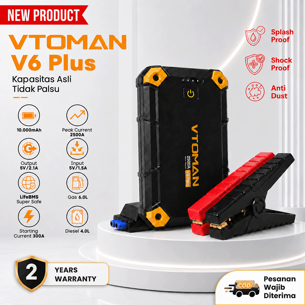 VTOMAN V6 PLUS 10000 mAh Jump Starter Aki Mobil Motor Power Bank Jumper Aki 12 Volt Alat Jamper Aki Premium Quality untuk Pertolongan Darurat COD
