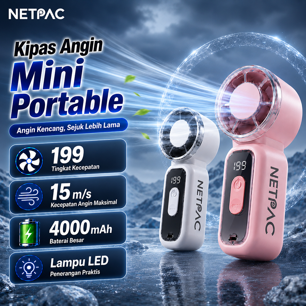 NETPAC 100%Original Kipas Angin Mini Portable Turbo 199 Speed 4000mAh USB Rechargeable LED Display Handheld Fan