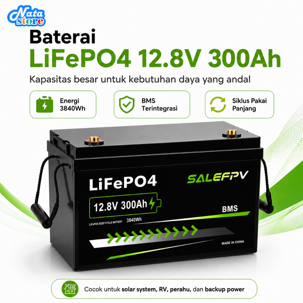 Natastore Baterai LiFePO4 12.8V 300Ah 3840Wh Deep Cycle BMS Cerdas Kapasitas Besar untuk Solar, RV, dan Backup Daya