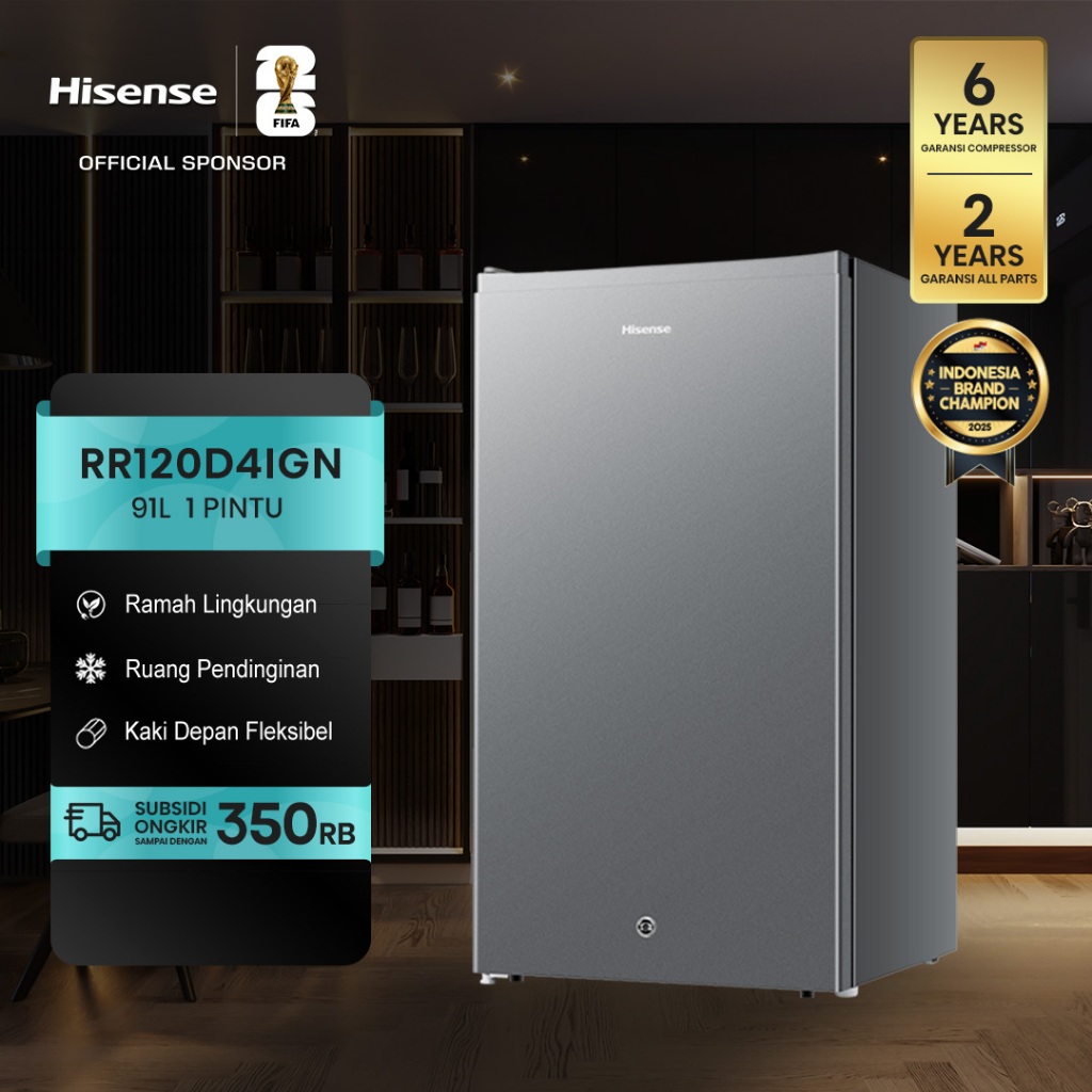 Hisense Kulkas RR120D4IGN Refrigerator Mini Bar Kapasitas 91L 1 Pintu Warna Grey 2L Rak Muat Ukuran Botol Ramah Lingkungan Ruang Pendinginan Kaki Depan Dapat Disesuaikan Compact Size Separate Chiller