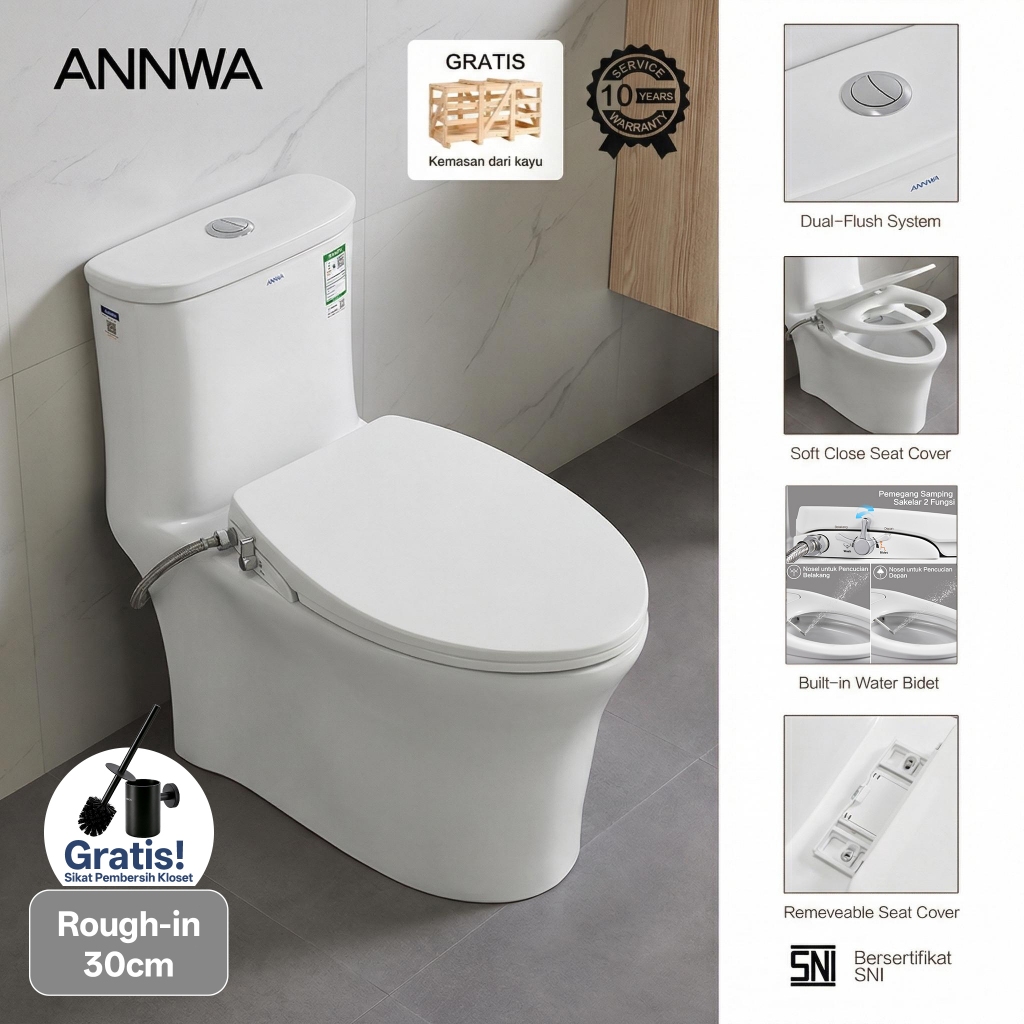 ANNWA Toilet Duduk / Closet Kloset One Piece Monoblock – Soft Closing / Tutup Diam • Water Seal 55mm Anti Bau • Dual Flush 3.2L / 4.8L • Full Pipe Mechanical Glazing • Low Water Absorption ≤0.2% • Awet Tahan Lama • Jarak Lubang 30 cm • Model NL127M