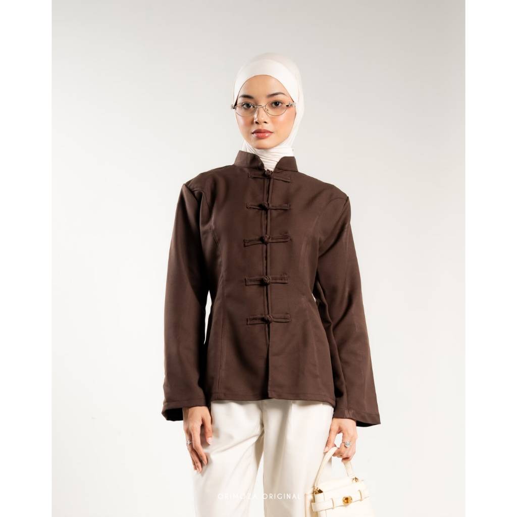 Orimoza Linera Cheongsam Button Blouse Wanita Semiwool foto 2